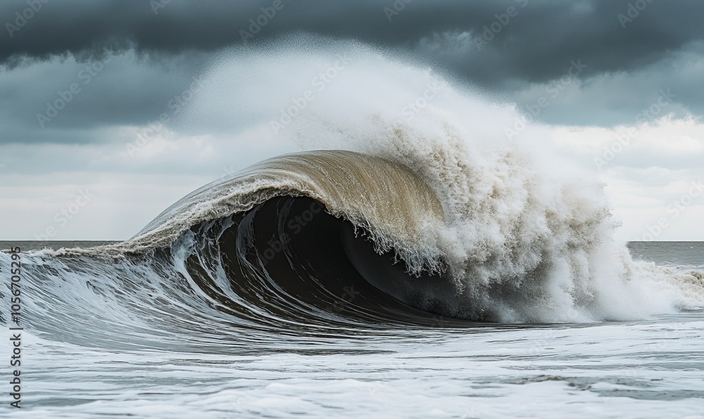 Poster a massive wave crashes in the water on a cloudy day, stirred up by the wind. the fluid movement of t