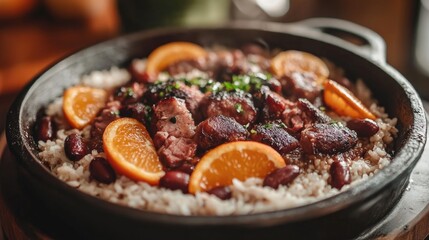 Feijoada a traditional dish featuring rice farofa orange slices pork and sausage showcases the rich flavors of Brazilian cuisine