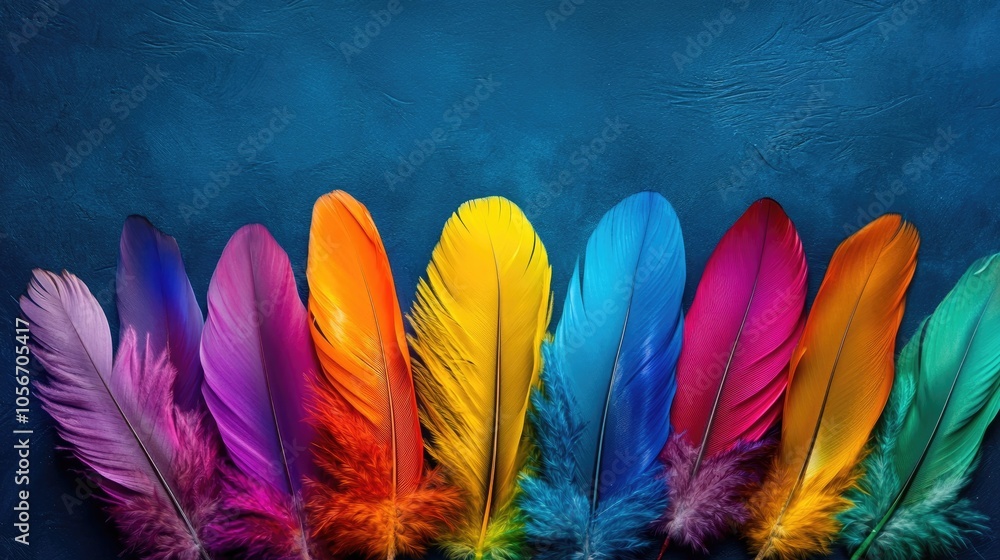 Aufkleber vibrant colorful feathers artistically arranged on a blue backdrop highlighting a spectrum of hues a