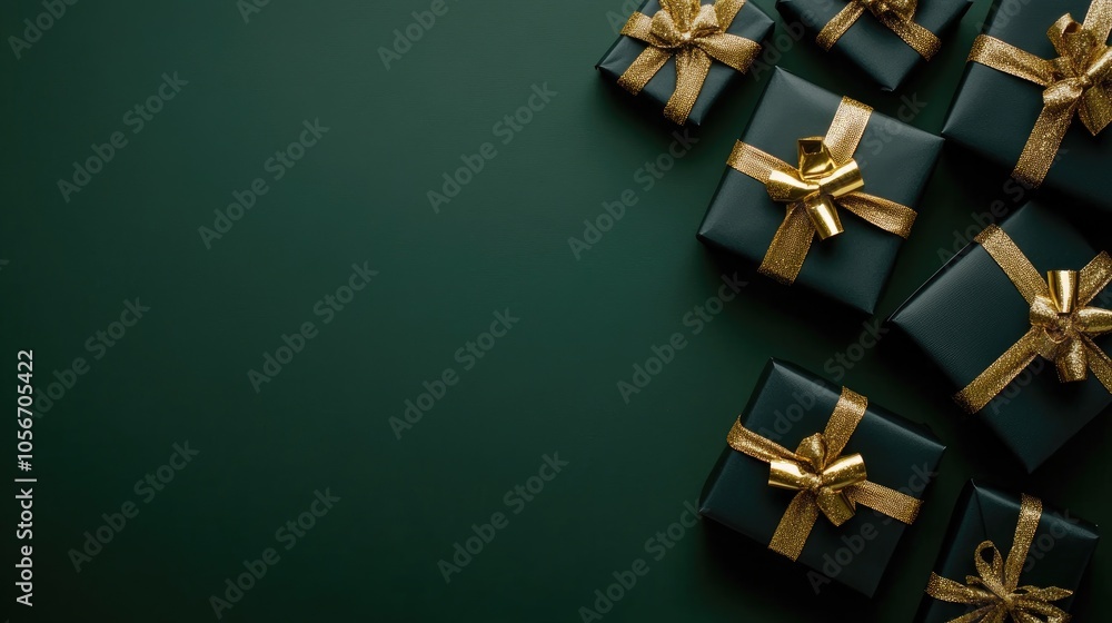 Poster lightbox displaying text on green paper backdrop featuring black gift boxes adorned with golden bows
