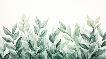 Watercolor painting, lush green foliage with detailed leaves, gentle gradient and smooth brush strokes, minimalistic white background