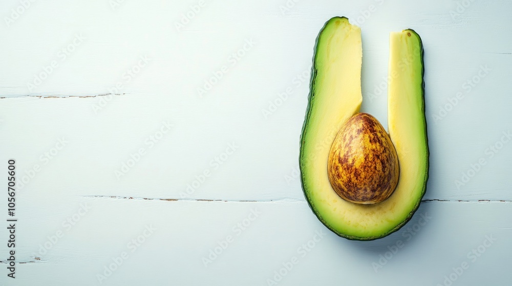Poster avocado half and seed arranged to form an exclamation mark on a white board shot from above includes