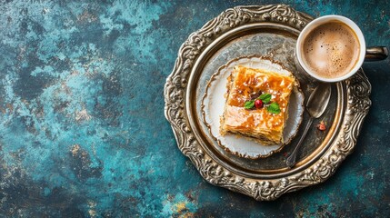 Coffee and Turkish baklava on a silver platter. blue background. view from above.
