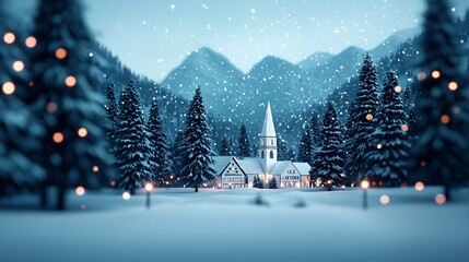 A serene winter scene featuring a quaint church surrounded by snowy mountains and evergreen trees, with soft snowfall and glowing lights.