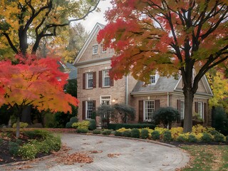 Naklejka premium Charming Brick House Nestled Amidst Autumn Trees