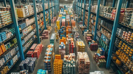Busy Warehouse Stacked with Diverse Product Inventory on Shelves, Workers Actively Organizing and Managing Stock Amidst Peak Season Rush, Showcasing Logistics Industry's Seasonal Demands and Operation