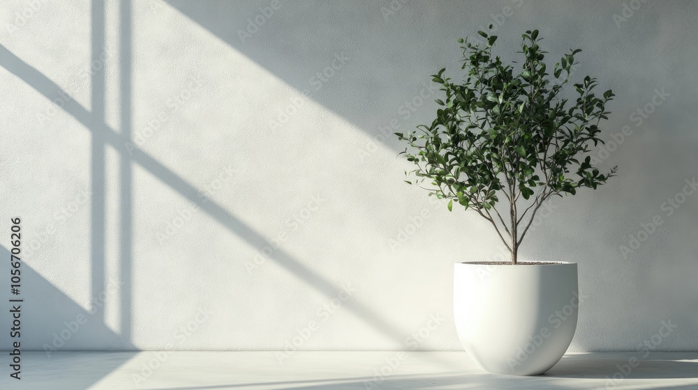 Poster minimalist white tree pot with sparse leaves featuring sunlight and textured shadows on a plain wall