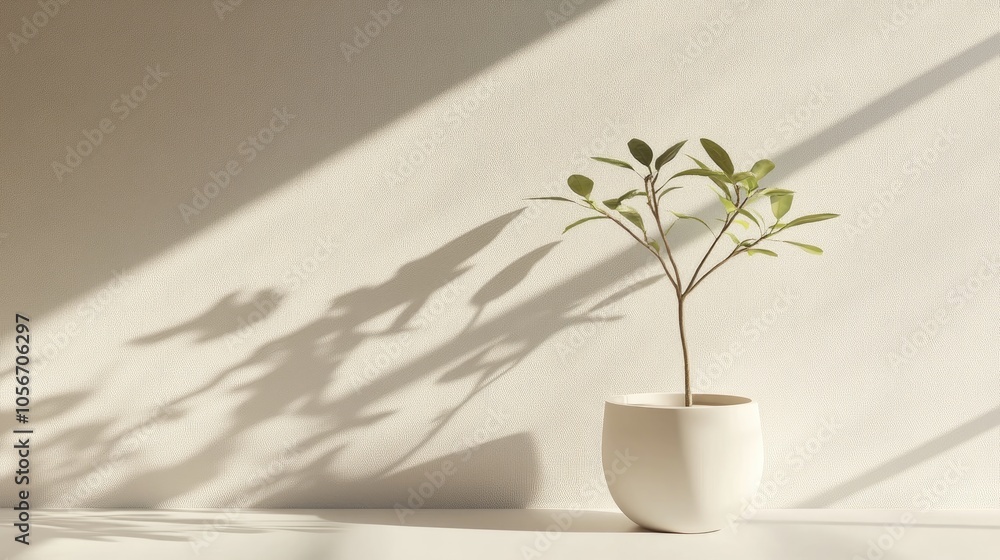 Aufkleber minimalist white tree pot with sparse leaves featuring sunlight and textured shadows on a plain wall