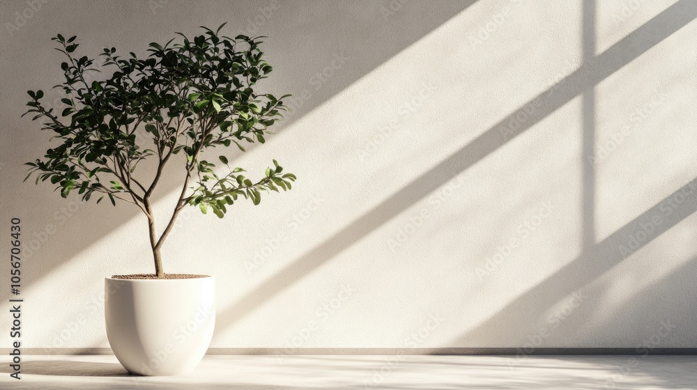 Poster minimalist white tree pot with sparse leaves featuring sunlight and textured shadows on a plain wall