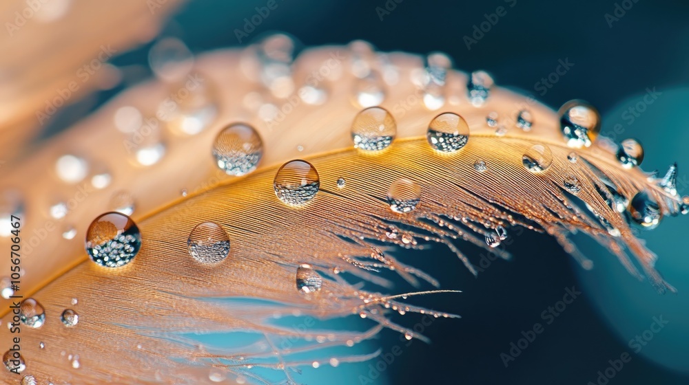 Poster close up of stunning droplets on a feather against an artistic background with reflections showcasin