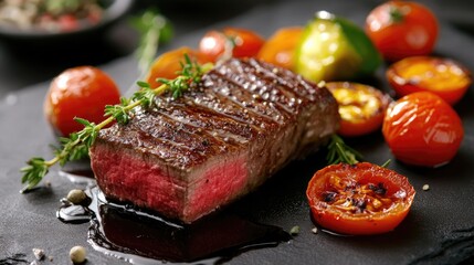 Thick juicy portions of grilled fillet steak accompanied by tomatoes and roasted vegetables
