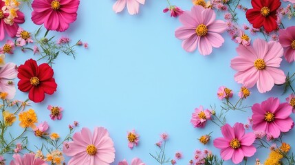Vibrant Spring Sale Text Framed by Bright Cosmos Flowers against a Blue Backdrop