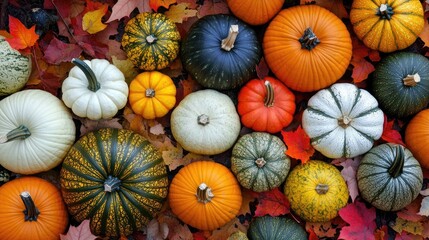 A colorful collection of various pumpkin types paired with autumn leaves