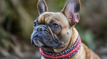 Fototapeta premium Handcrafted paracord dog collar on a red pied French Bulldog
