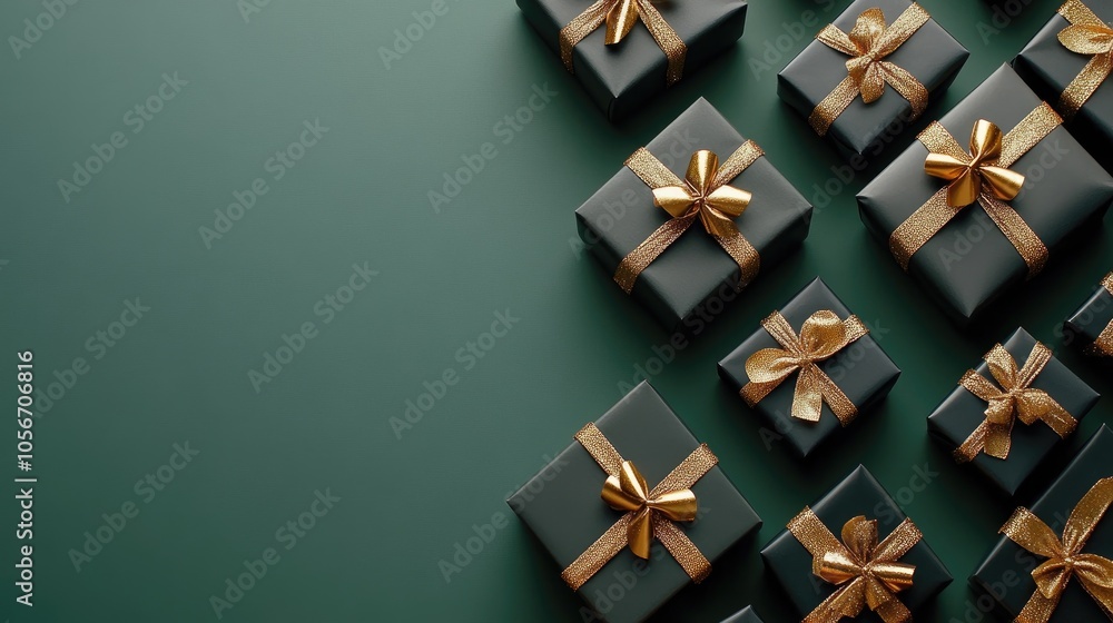 Poster lightbox displaying text on green paper backdrop featuring black gift boxes adorned with golden bows