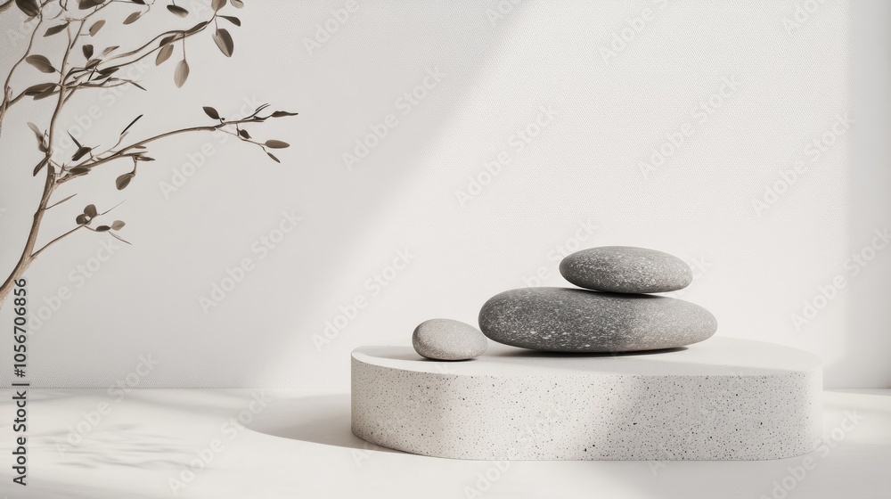 Poster a minimalistic display featuring a gypsum podium adorned with stones against a white backdrop ideal 