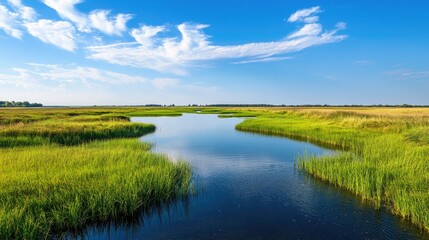 Sunny rural landscape featuring flat expansive land beneath a clear blue sky showcasing a classic polder scene with lush green meadows and tranquil waters