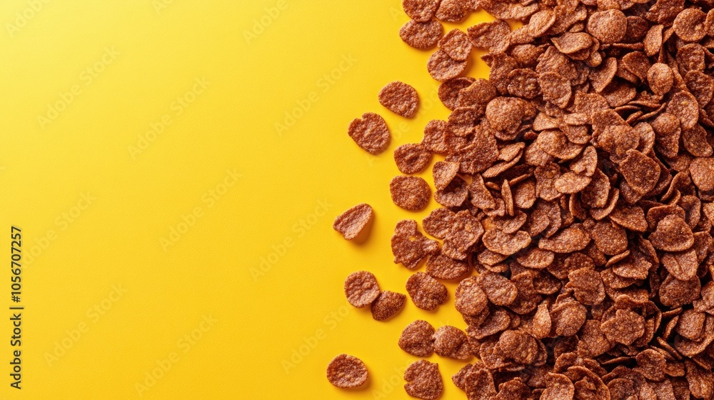 Poster top down perspective of chocolate corn flakes spread on a yellow surface with empty space for text o
