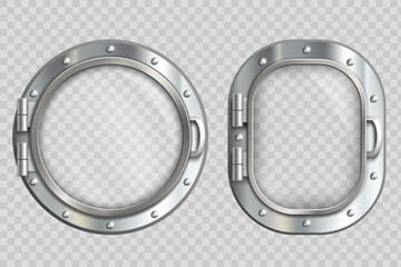 Collection of metal portholes with glass window. Vector template isolated on transparent background.