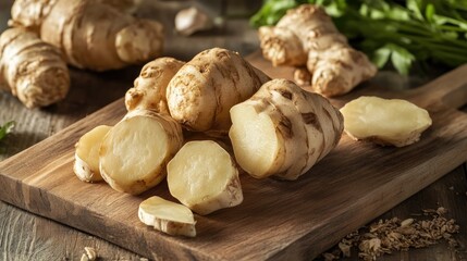 Fototapeta premium Fresh tubers of Jerusalem artichoke displayed on a cutting board