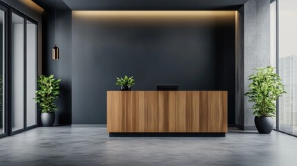 Modern reception area featuring gray walls and a wooden desk in an office hallway corner