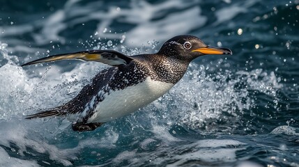 Fototapeta premium Energetic Penguin in Action Leaping Across Ocean Waves in Arctic Habitat for Wildlife Enthusiasts : Generative AI