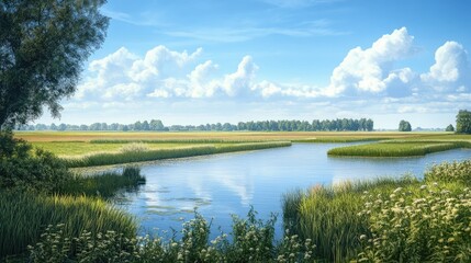 Sunny rural landscape featuring flat expansive land beneath a clear blue sky showcasing a classic polder scene with lush green meadows and tranquil waters