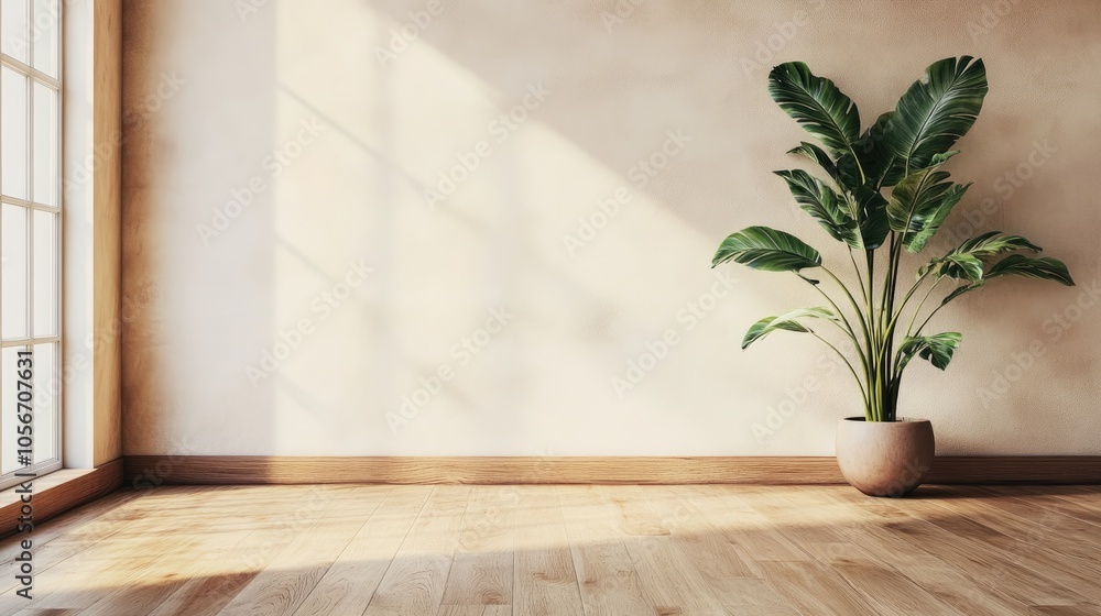 Poster empty room featuring a wooden floor with a plant pot positioned against the wall offering ample empt