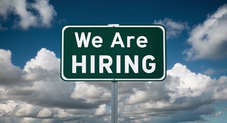 we are hiring text on road sign with clouds and sky background