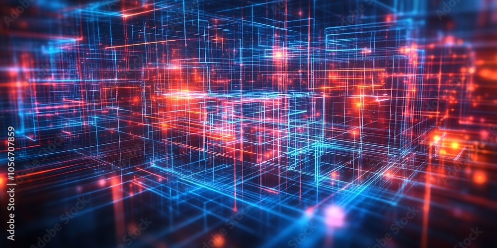 Poster Digital Technology Futuristic Network Light Blue Red Patterns : Generative AI