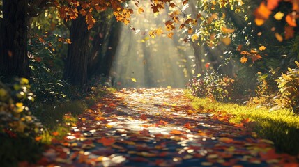 Fototapeta premium A tranquil autumn path filled with colorful leaves bathed in gentle sunlight evokes a captivating ambiance