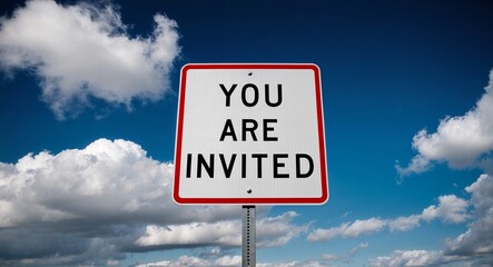 you are invited text on road sign with clouds and sky background