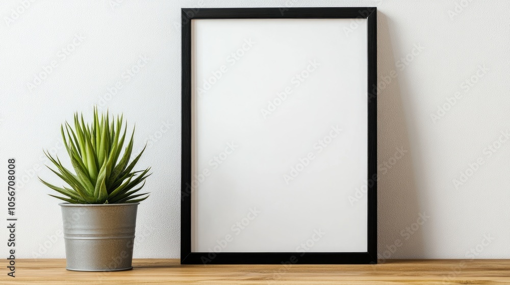 Poster a white background is displayed within a black frame positioned on a wooden table