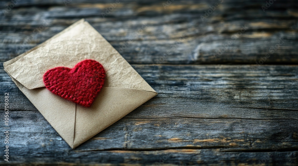 Poster envelope and letter with a red heart on a rustic wooden table creating a romantic atmosphere for a l