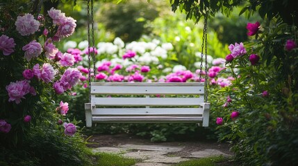 Empty garden swing surrounded by blooming peonies creating a cozy space for relaxation