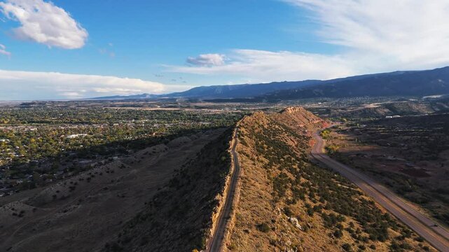 Skyline drive at sunset in Canon City, Colorado drone flight 4k