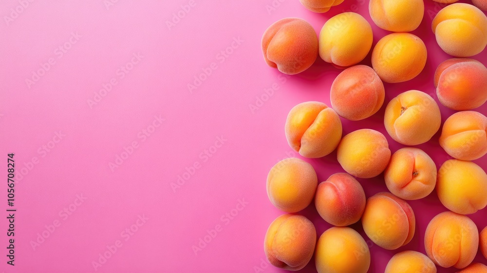 Poster diagonal arrangement of apricots viewed from above featuring a wide banner with space on the left fo