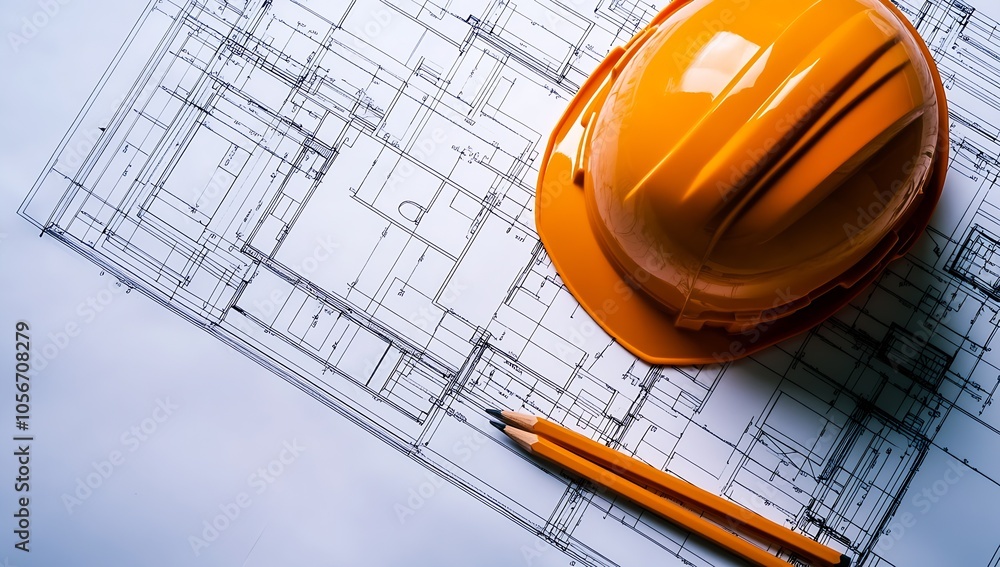 Poster Architectural Blueprint with Orange Safety Helmet and Pencils on Workdesk for Construction Design : Generative AI