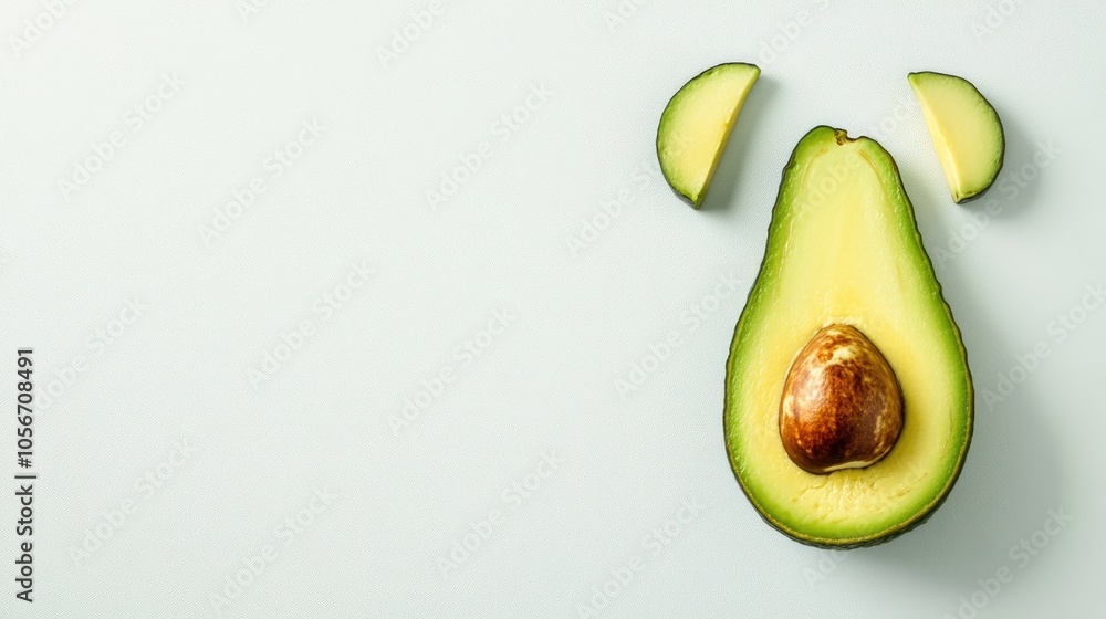 Aufkleber avocado half and seed arranged to form an exclamation mark on a white board shot from above includes