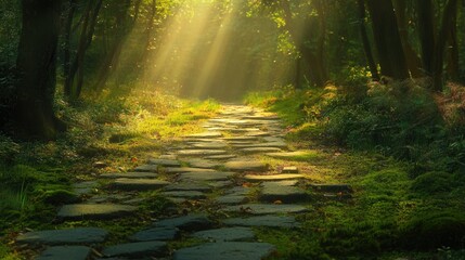 Obraz premium A peaceful, moss-covered stone pathway winding through a quiet, dense forest