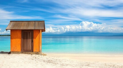 A single wooden cabin door is situated on a peaceful beach