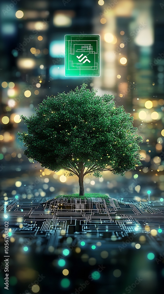 Poster Digital Tree with Financial Technology Symbol on Circuit Board Background : Generative AI