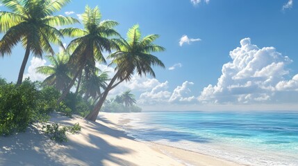 Tropical beach featuring palm trees on a sunny day providing a serene environment for relaxation with clear ocean waters and pristine sandy shores