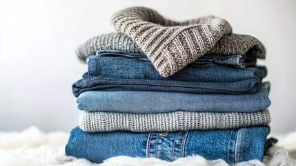Assorted jeans and sweaters arranged in a stack against a white backdrop