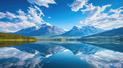 Breathtaking mountain scenery mirrored in calm lake waters beneath a bright blue sky ideal for nature enthusiasts and adventure seekers
