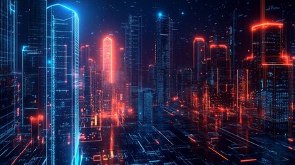 Fototapeta premium Futuristic Cityscape with Neon Lights and a Digital Grid