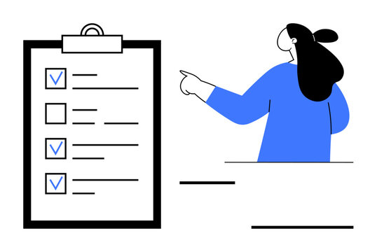Woman in blue outfit pointing at a clipboard with ticked and unticked checkboxes. Ideal for productivity, task management, workflow, daily planning and office work themes. Flat minimalist style