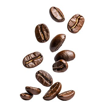 coffee beans and falling, isolated on white background