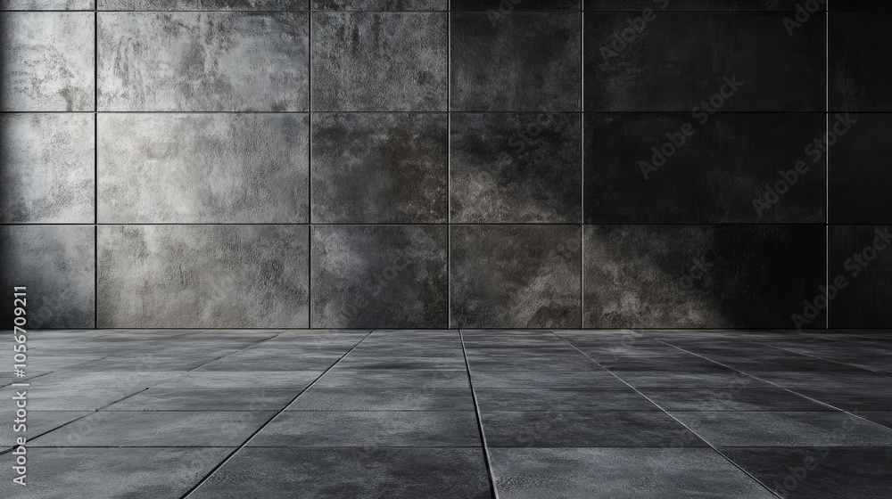 Poster dark gray concrete tiles on wall and floor in an empty 3d studio space featuring an interior texture