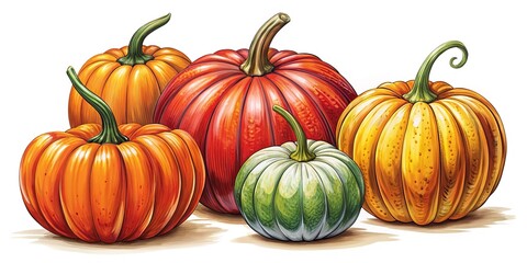 Delightful hand-drawn pumpkin vector set ideal for Autumn, Halloween, Harvest, and Thanksgiving themes. Whimsical designs to enhance your seasonal artwork and joyful celebrations.